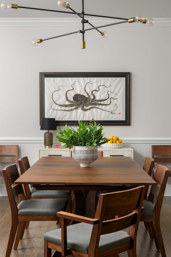Идея дизайна: отдельная столовая среднего размера в стиле неоклассика (современная классика) с серыми стенами, темным паркетным полом и коричневым полом