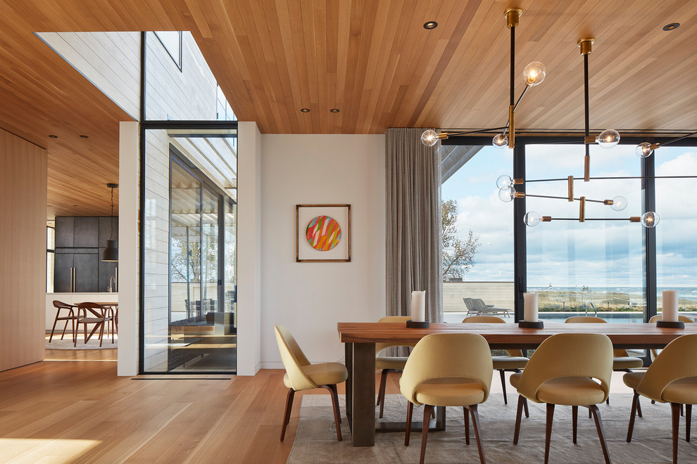 Réalisation d'une salle à manger design avec un sol en bois brun, un mur blanc et un sol marron.