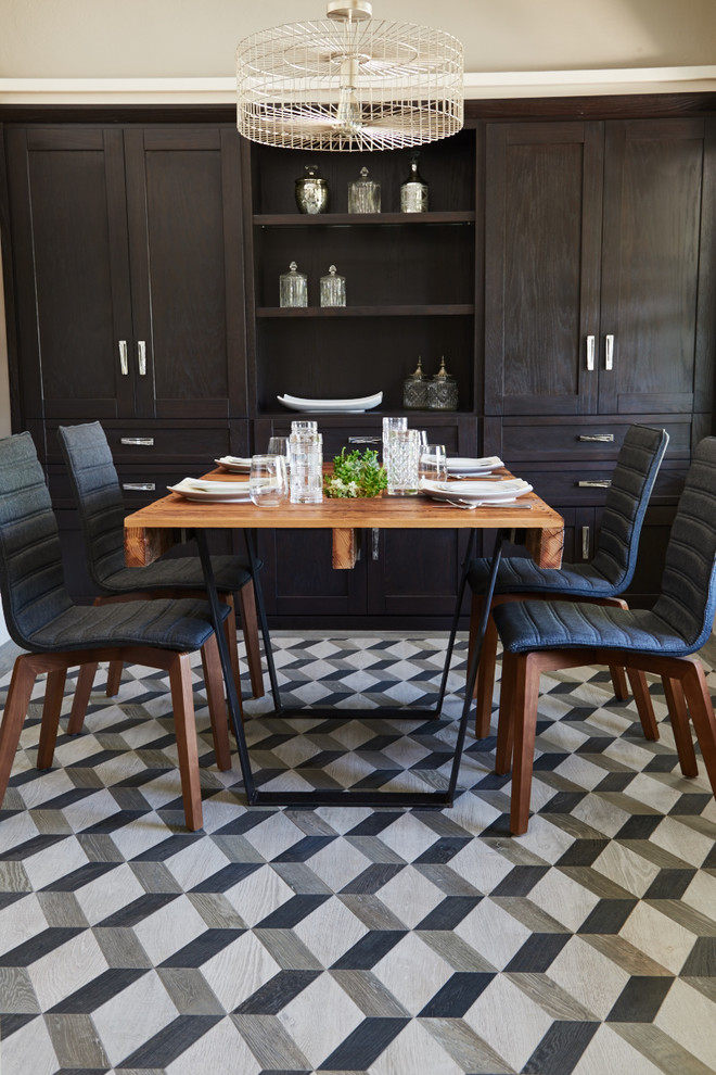 Foto di una sala da pranzo minimalista con pavimento in gres porcellanato