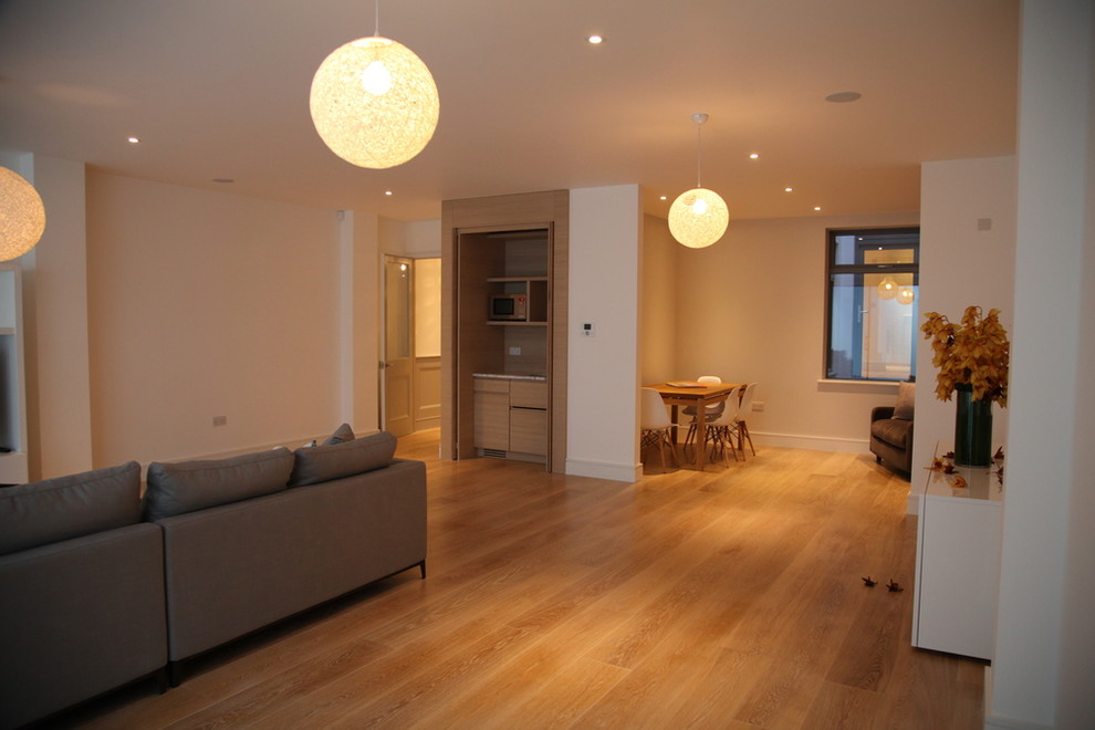 Photo of a medium sized contemporary kitchen/dining room in London with white walls, medium hardwood flooring and no fireplace.
