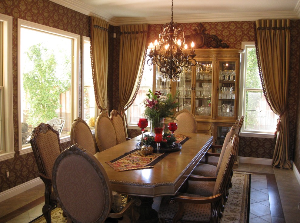 Photo of a medium sized classic enclosed dining room in San Diego with multi-coloured walls, ceramic flooring and no fireplace.