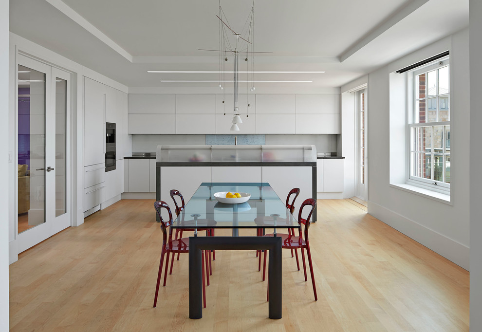 Contemporary kitchen/dining room in New York with white walls and light hardwood flooring.