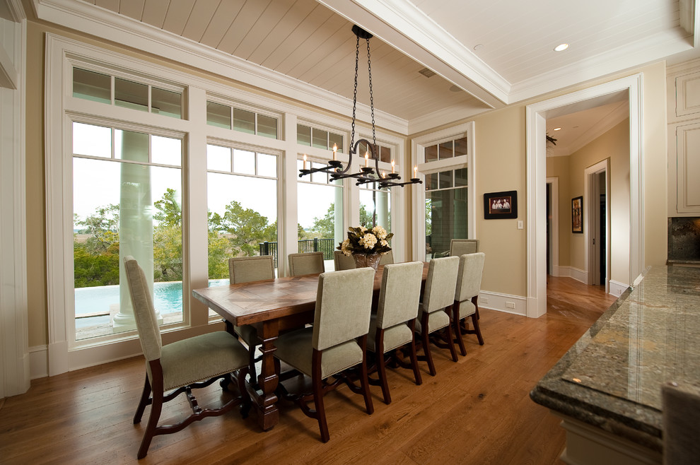 Inspiration for a mid-sized timeless medium tone wood floor kitchen/dining room combo remodel in Charleston with beige walls
