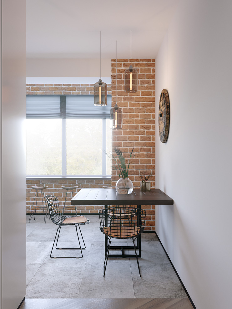 Kleine Industrial Wohnküche ohne Kamin mit Keramikboden, grauem Boden und weißer Wandfarbe in Frankfurt am Main