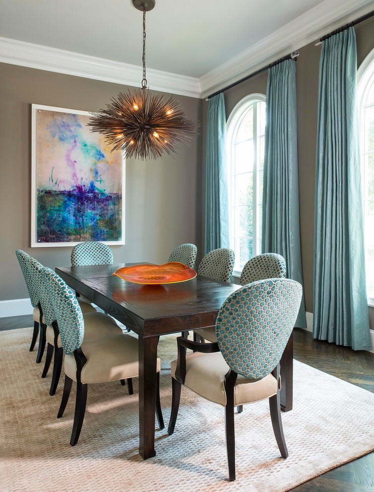 Inspiration for a medium sized traditional enclosed dining room in Other with grey walls, dark hardwood flooring, no fireplace and brown floors.