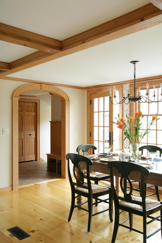 Mid-sized elegant light wood floor and beige floor enclosed dining room photo in Boston with white walls and no fireplace