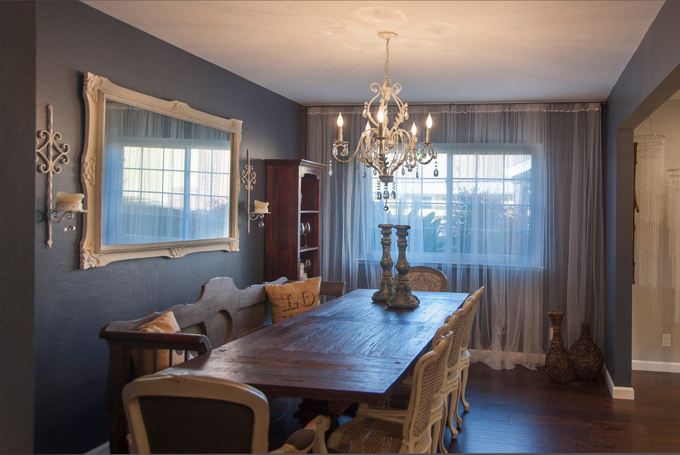 Medium sized eclectic dining room in San Francisco with blue walls and dark hardwood flooring.