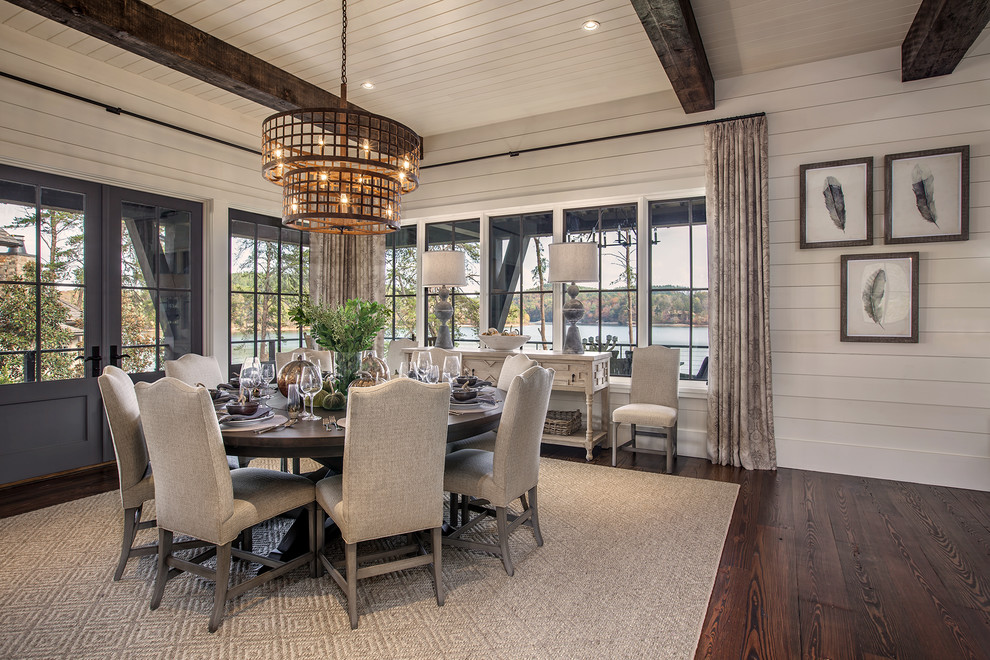 Great room - large cottage dark wood floor great room idea in Other with white walls and no fireplace