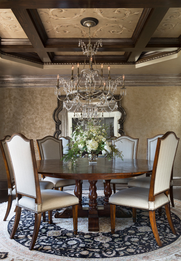 Example of a mid-sized classic dark wood floor and brown floor enclosed dining room design in Atlanta with metallic walls and no fireplace