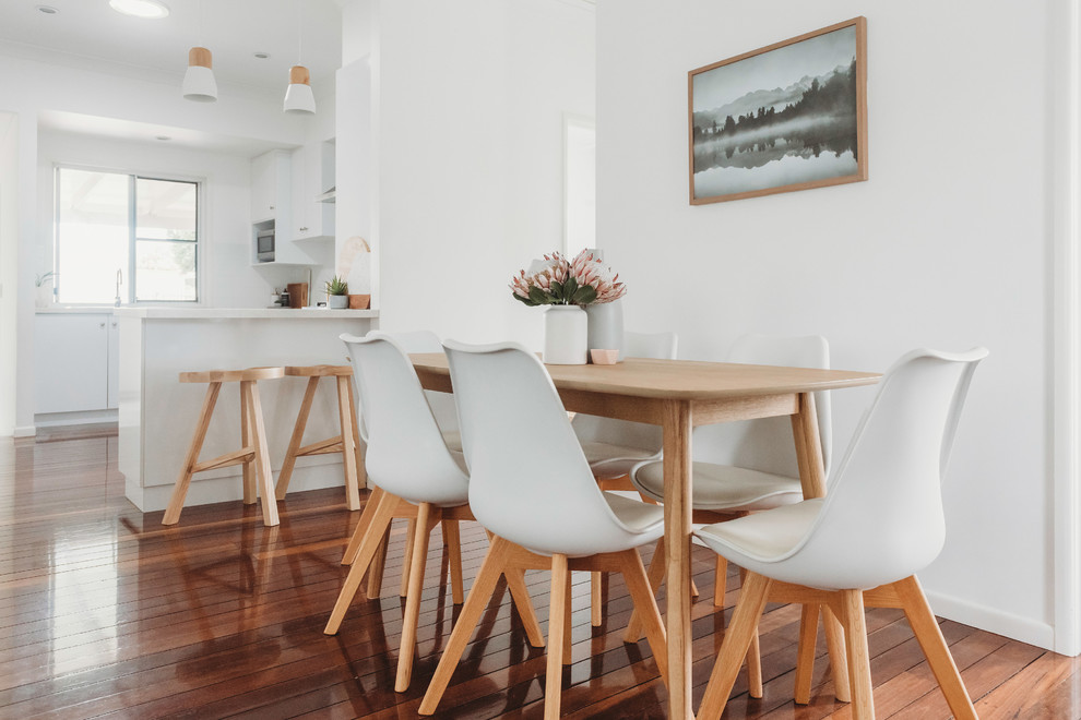 Immagine di una sala da pranzo aperta verso la cucina scandinava di medie dimensioni con pareti bianche, pavimento in legno massello medio, nessun camino e pavimento marrone