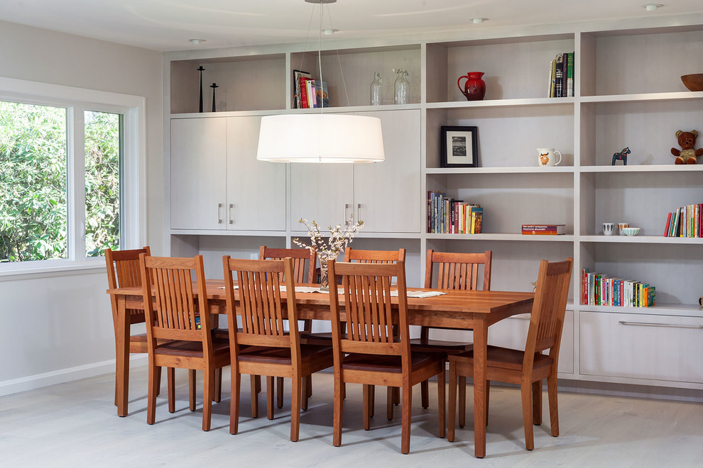This is an example of a contemporary dining room in Portland with grey walls and light hardwood flooring.
