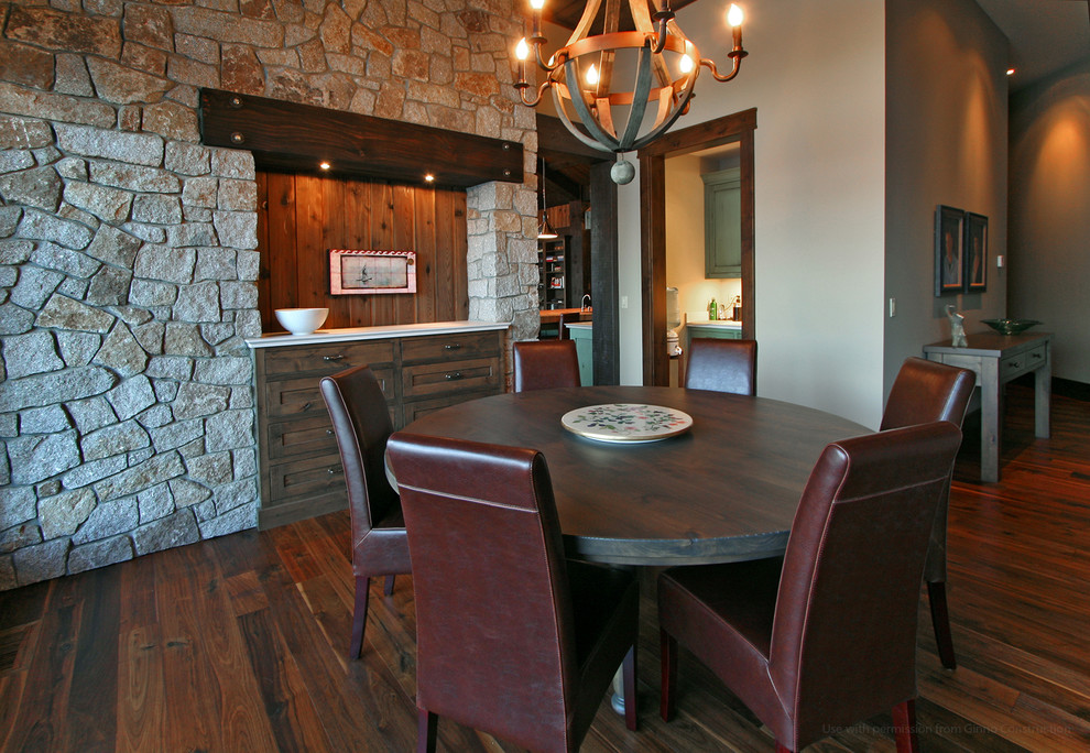 Exemple d'une salle à manger montagne fermée et de taille moyenne avec un mur beige et parquet foncé.