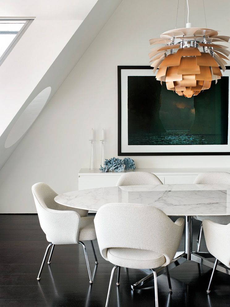 Dining room - contemporary dark wood floor dining room idea in Sydney with white walls and no fireplace