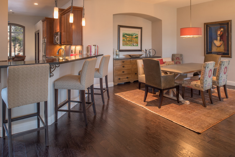 Mid-sized transitional dark wood floor kitchen/dining room combo photo in San Francisco with beige walls