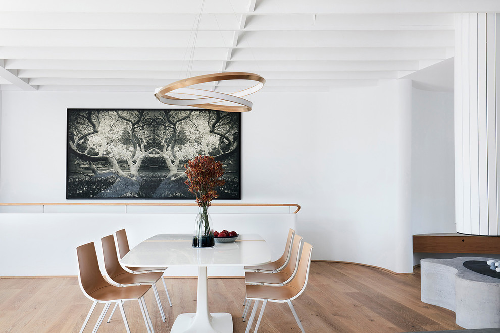 Esempio di una sala da pranzo aperta verso il soggiorno contemporanea con pareti bianche, parquet chiaro, camino classico e cornice del camino in cemento