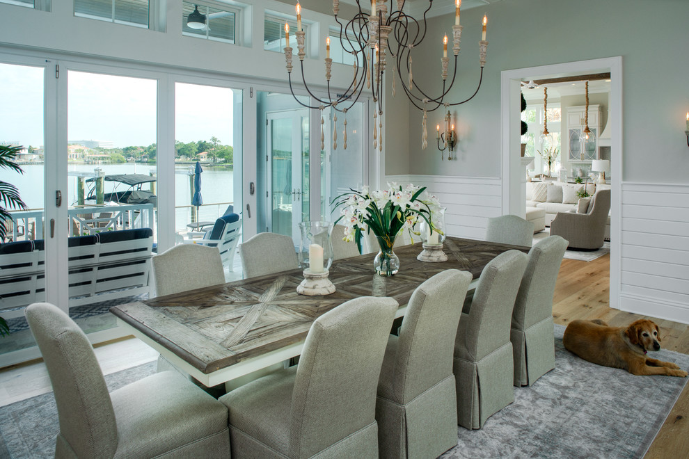 Источник вдохновения для домашнего уюта: отдельная столовая в морском стиле с серыми стенами, паркетным полом среднего тона и коричневым полом