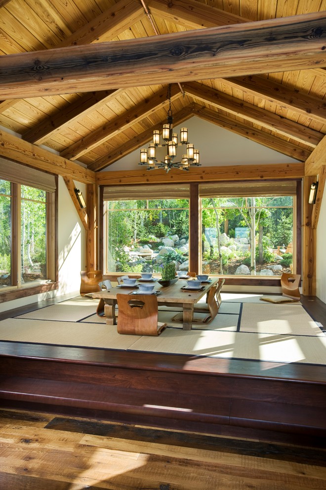 Inspiration for a zen dark wood floor dining room remodel in Denver with beige walls and no fireplace