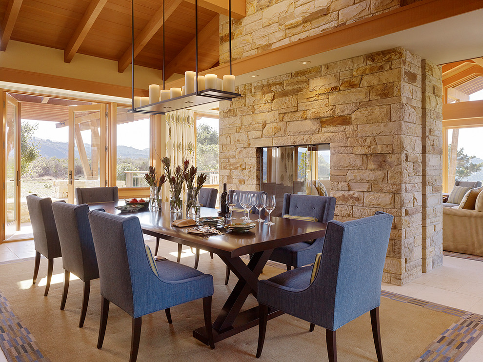 Inspiration for a contemporary dining room in San Francisco with a two-sided fireplace.