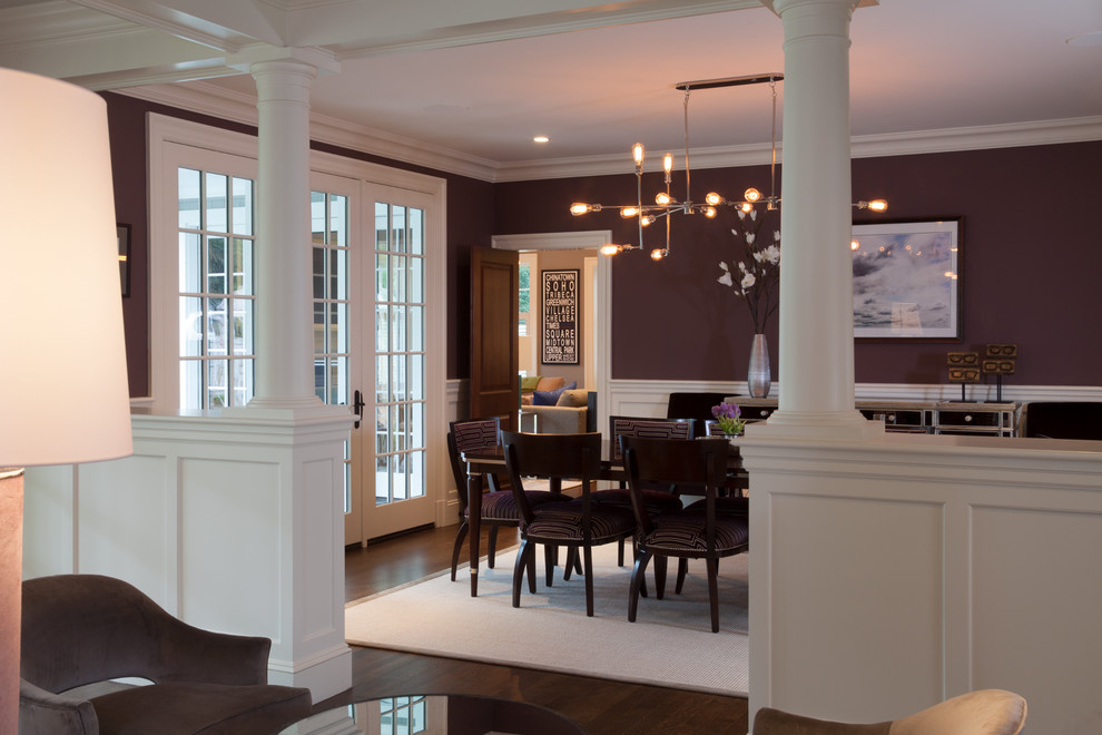 This is an example of a medium sized traditional open plan dining room in Boston with purple walls, medium hardwood flooring and no fireplace.