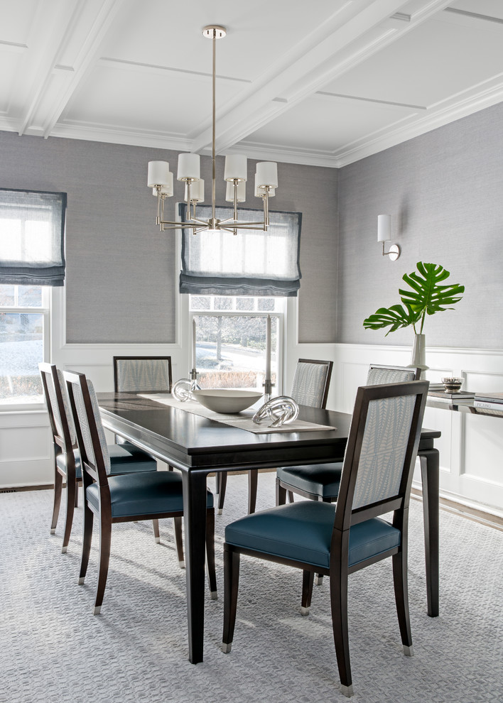 Traditional dining room in New York with grey walls.