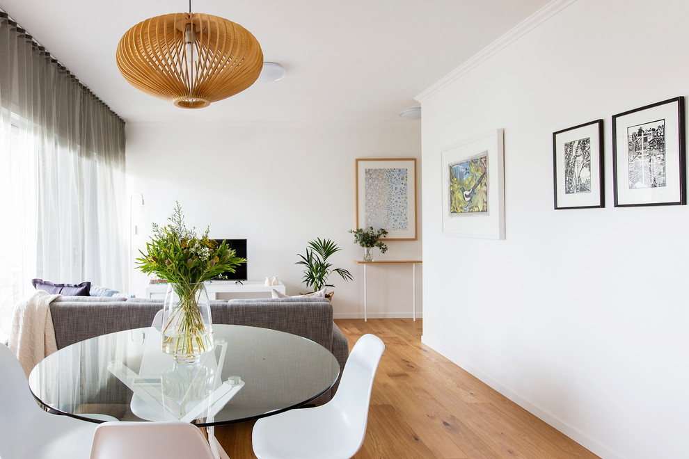 This is an example of a scandi dining room in Brisbane with white walls and medium hardwood flooring.