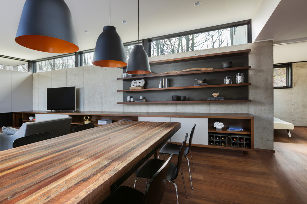 Источник вдохновения для домашнего уюта: маленькая кухня-столовая в стиле модернизм с разноцветными стенами, коричневым полом и паркетным полом среднего тона для на участке и в саду