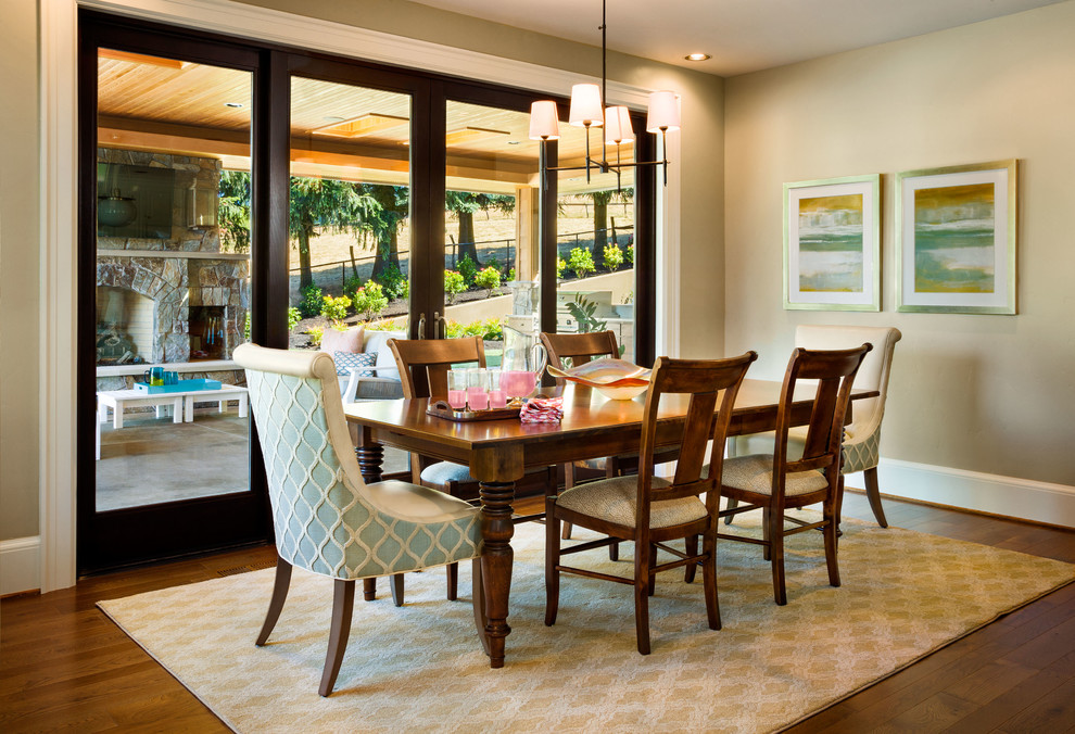 Large elegant medium tone wood floor kitchen/dining room combo photo in Portland with beige walls