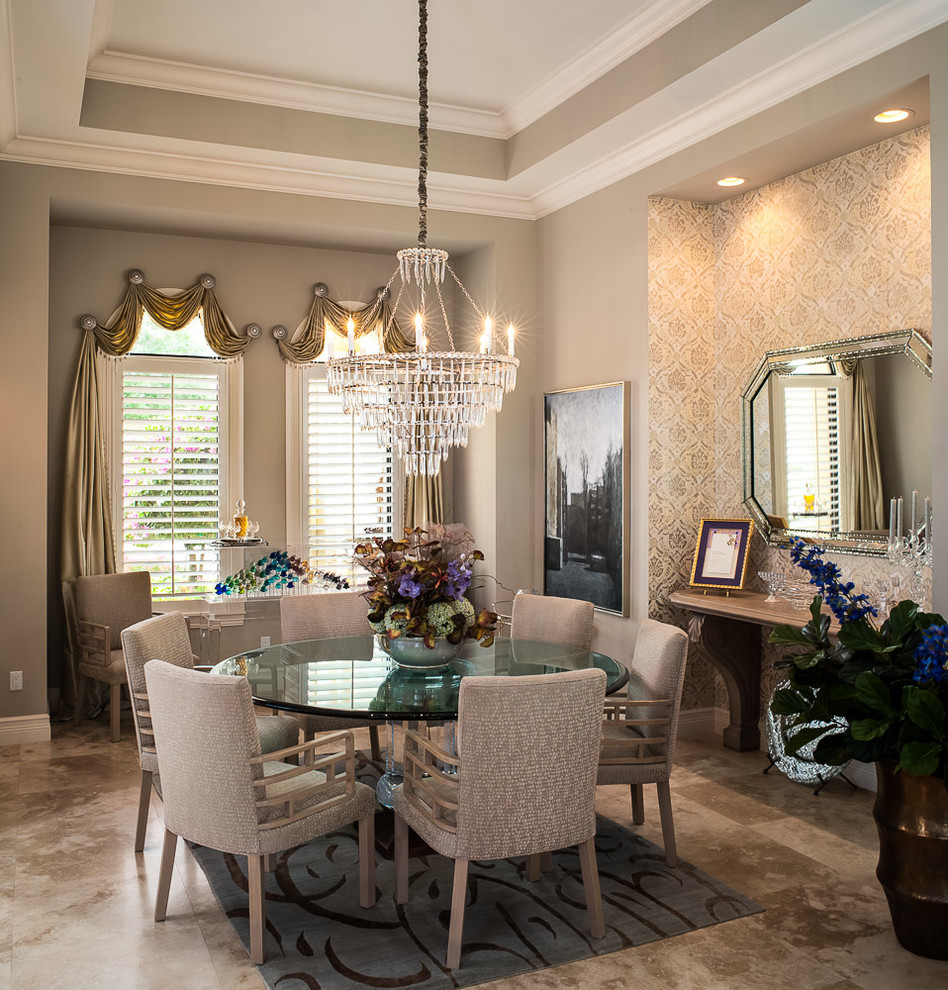 Medium sized classic enclosed dining room in Miami with grey walls, travertine flooring and beige floors.