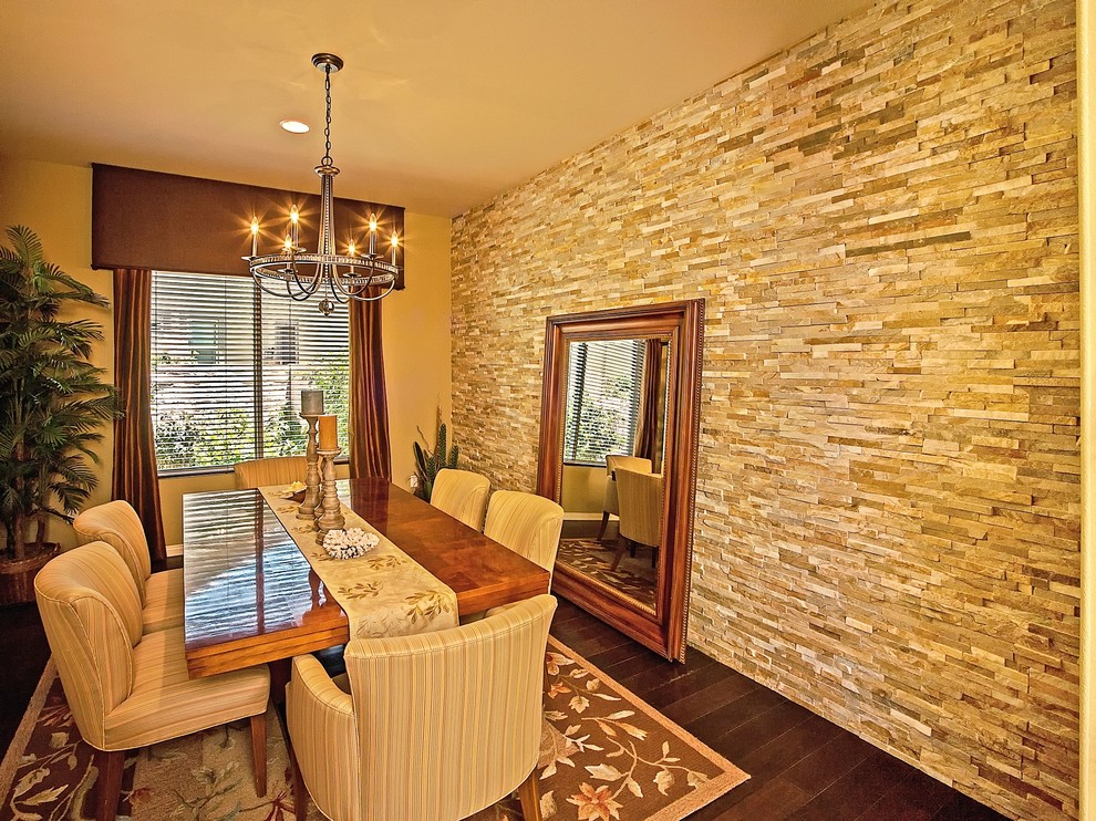 Dining room - traditional dark wood floor dining room idea in Los Angeles with yellow walls