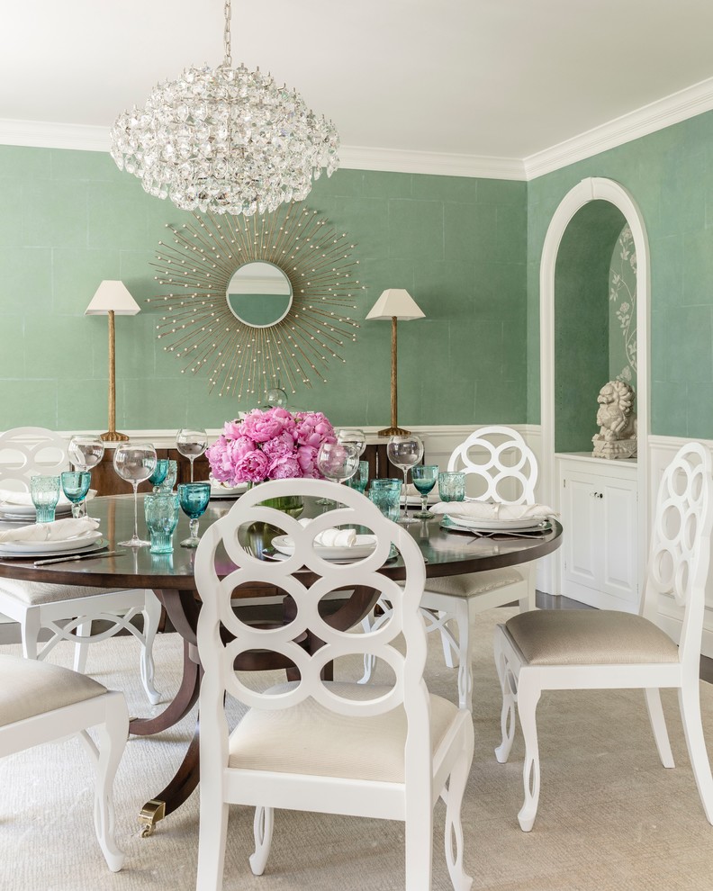 Inspiration for a timeless dining room remodel in Boston with green walls