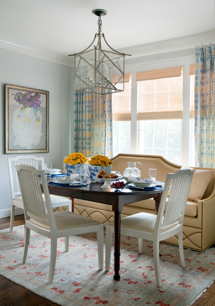 Design ideas for a classic dining room in Boston with grey walls and dark hardwood flooring.