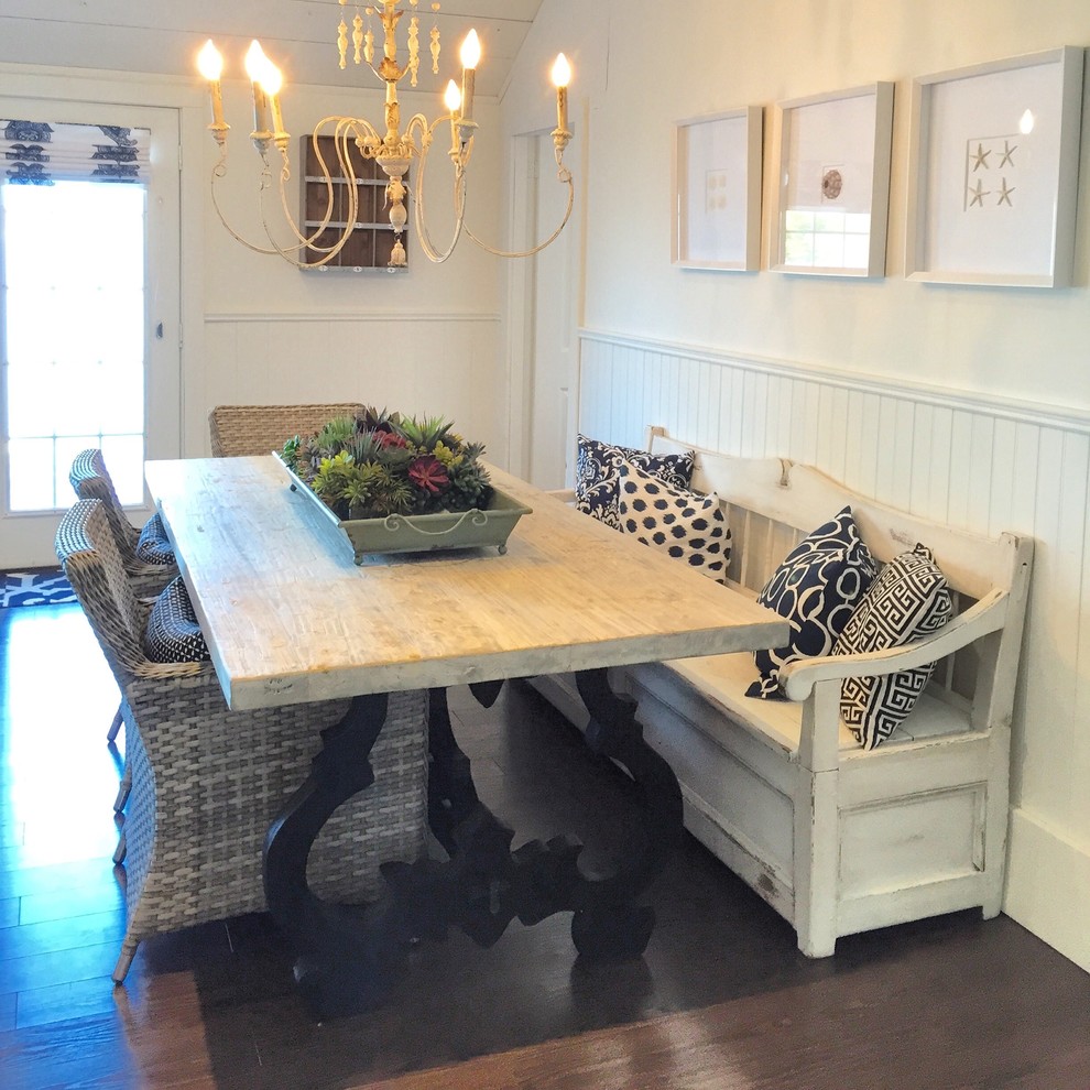 Inspiration for a medium sized nautical kitchen/dining room in Toronto with white walls and dark hardwood flooring.