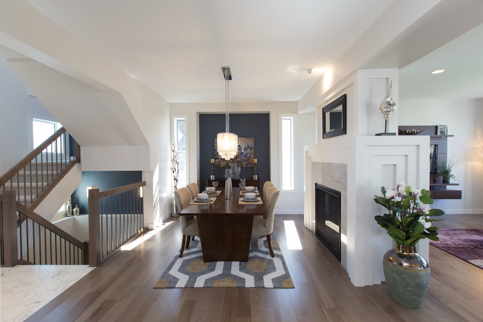 Medium sized contemporary open plan dining room in Other with blue walls, medium hardwood flooring, a two-sided fireplace and a wooden fireplace surround.