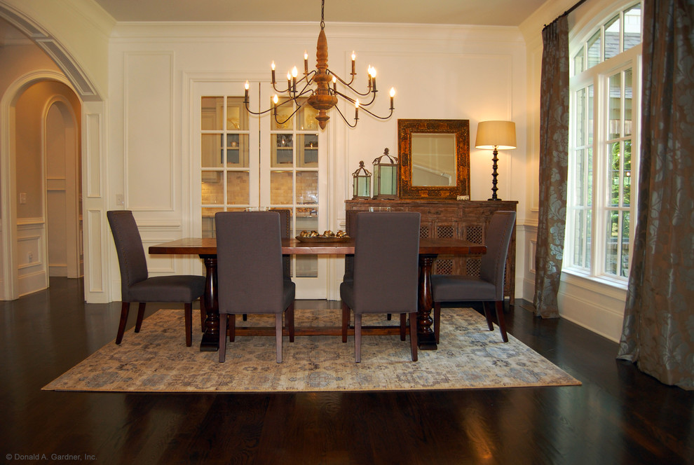 Inspiration for a large eclectic open plan dining room in Other with dark hardwood flooring and no fireplace.