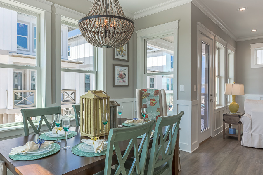 Inspiration for a small nautical kitchen/dining room in Miami with grey walls, vinyl flooring and no fireplace.