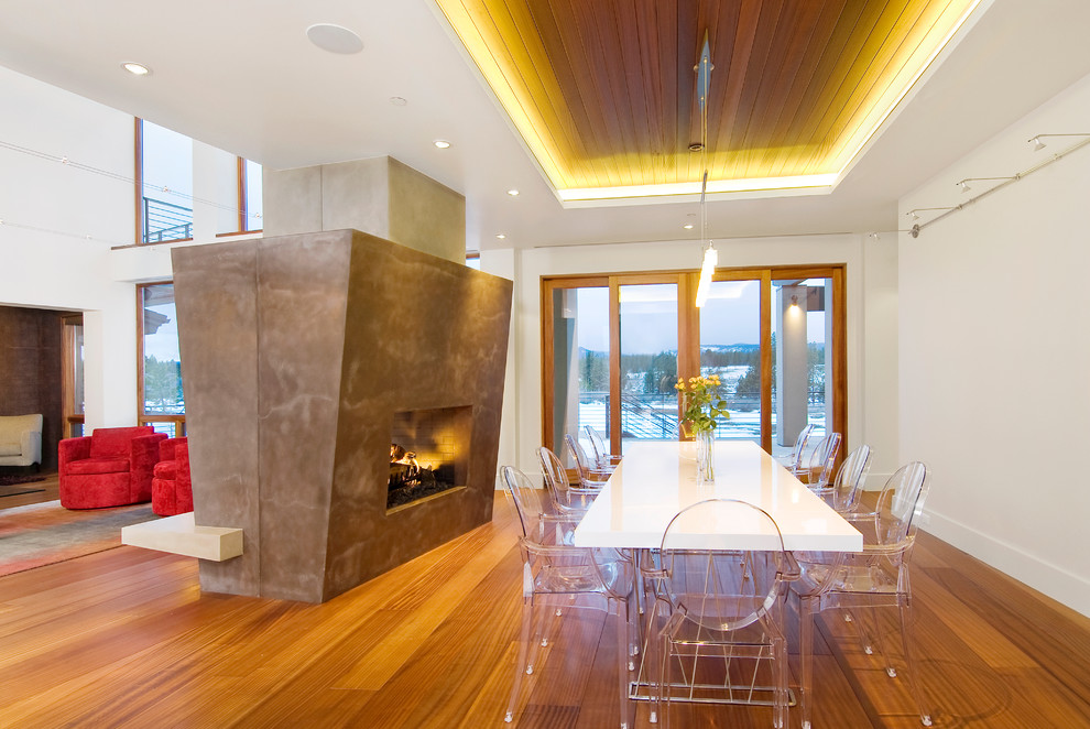 Источник вдохновения для домашнего уюта: столовая в современном стиле с двусторонним камином и фасадом камина из металла