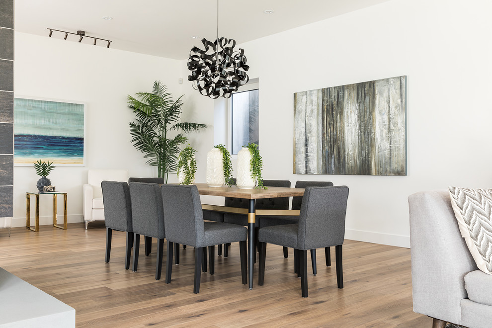 Design ideas for an expansive contemporary dining room in Vancouver with white walls, medium hardwood flooring, a standard fireplace, a tiled fireplace surround and brown floors.