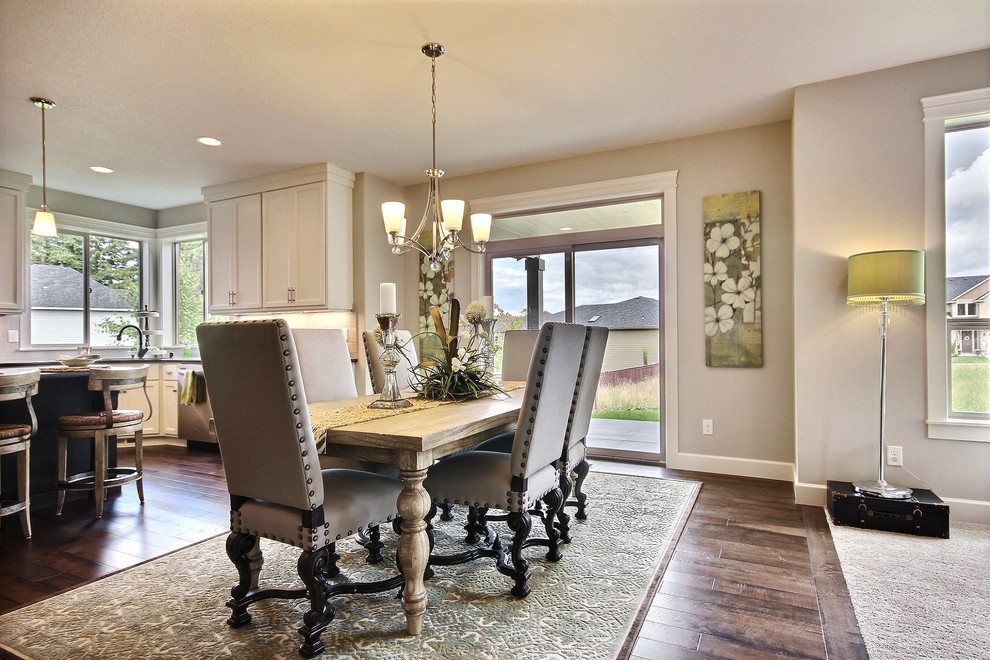 Medium sized classic open plan dining room in Portland with grey walls, dark hardwood flooring and no fireplace.