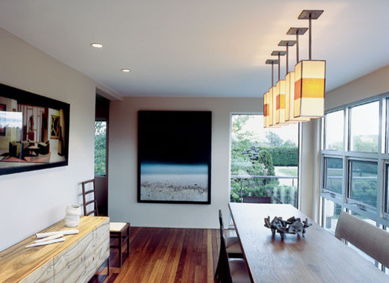 Geschlossenes, Mittelgroßes Modernes Esszimmer mit weißer Wandfarbe und braunem Holzboden in New York