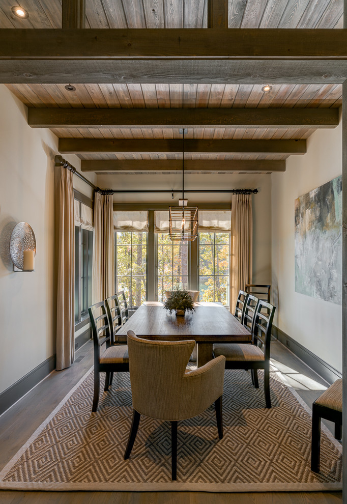Photo of a rustic dining room in Other with beige walls and dark hardwood flooring.