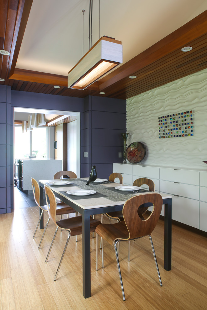 Imagen de comedor contemporáneo con suelo de madera en tonos medios y paredes azules