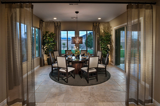 Large trendy ceramic tile enclosed dining room photo in Orange County with brown walls