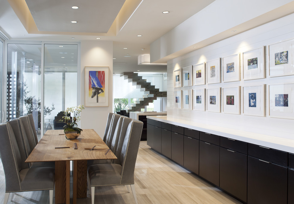 Example of a minimalist dining room design in Orlando with white walls