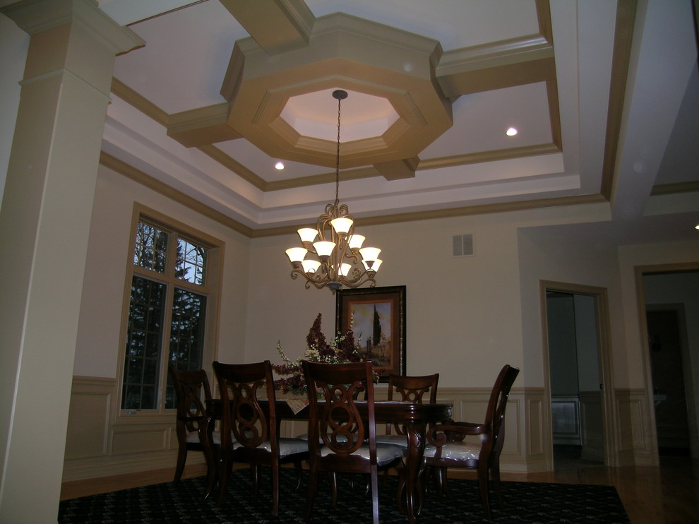 Mid-sized elegant light wood floor and beige floor enclosed dining room photo in Chicago with white walls and no fireplace