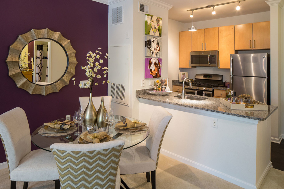 Eclectic carpeted and beige floor dining room photo in DC Metro with purple walls