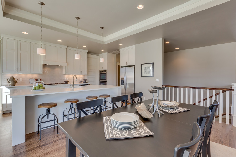 Große Moderne Wohnküche mit grauer Wandfarbe und hellem Holzboden in Boise
