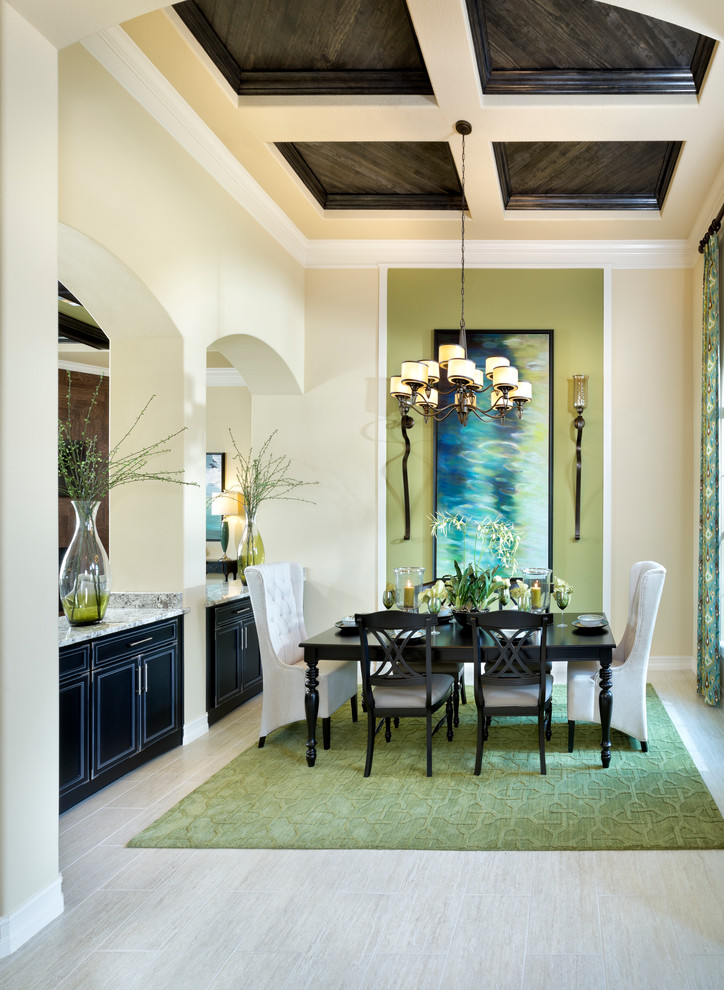 Elegant ceramic tile dining room photo in Other with beige walls