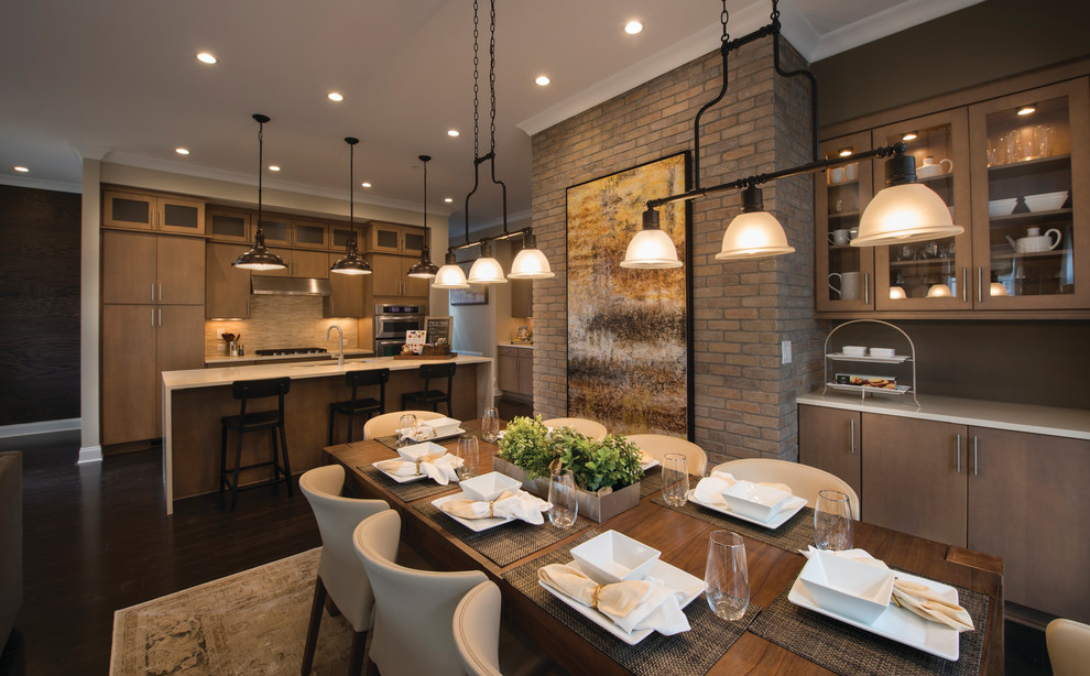This is an example of a medium sized contemporary open plan dining room in Atlanta with beige walls and dark hardwood flooring.