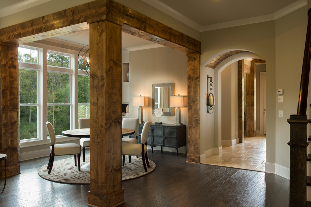 Inspiration for a large timeless dark wood floor great room remodel in Atlanta with beige walls