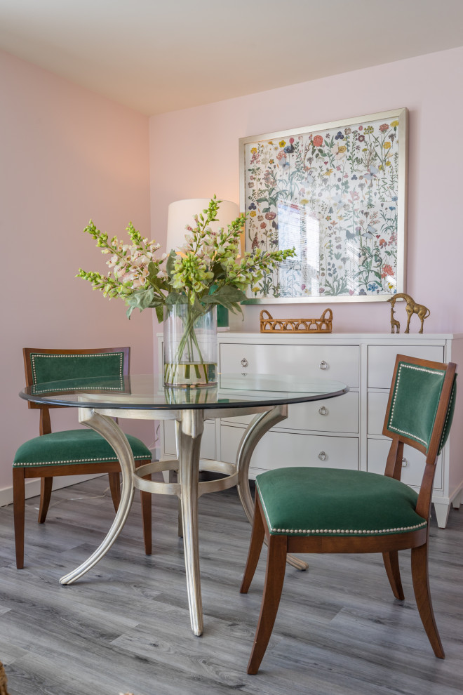 Inspiration for a mid-sized transitional gray floor dining room remodel in New York with pink walls